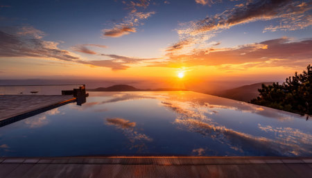 Vibrant sunset reflects beautifully on a tranquil infinity pool in summer.の素材