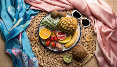 Vibrant summer feast showcasing fresh tropical fruits on a decorative platter.の素材