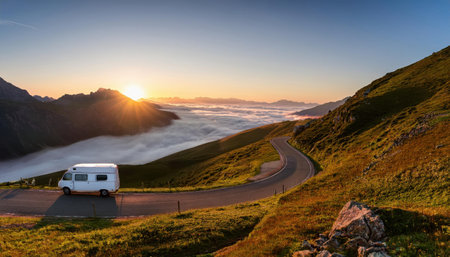 Explore the vibrant summer sunrise over majestic mountains and serene valleys.の素材