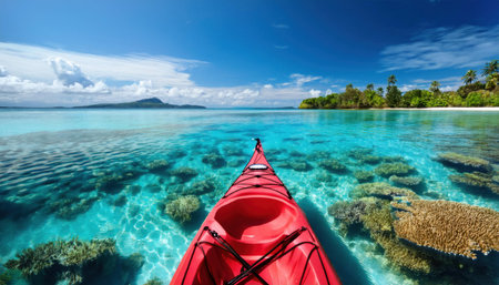 Kayaking through crystal clear waters on a vibrant summer day in a tropical paradise.の素材