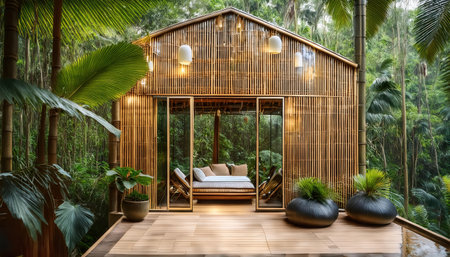 Vibrant summer retreat nestled among lush tropical foliage for relaxation and rejuvenation.の素材
