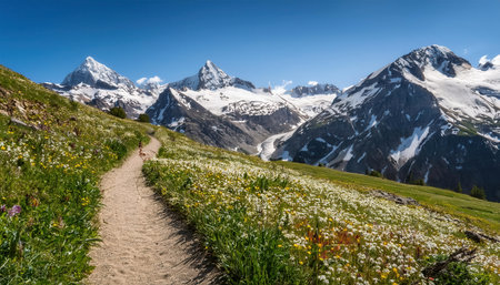 Vibrant summer trail through blooming meadows in the majestic mountains.の素材