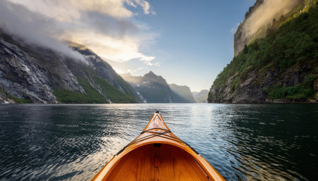 Enjoying a serene kayak journey through tranquil waters surrounded by majestic mountains.の素材