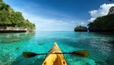 Exploring serene turquoise waters on a sunny summer kayaking adventure.の素材