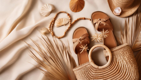 Vibrant summer accessories arranged artistically for a stylish seasonal look.の素材