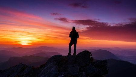 Breathtaking sunset hues envelop silhouettes atop a mountain peak during summer evenings.の素材