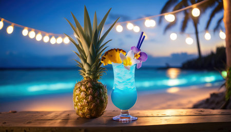 Vibrant summer evening with tropical cocktail and fresh pineapple by the beach.の素材