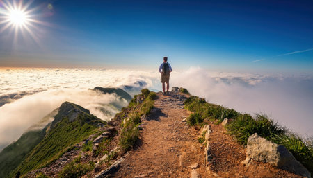 Breathtaking summer view from a mountain summit above the clouds during golden hour.の素材