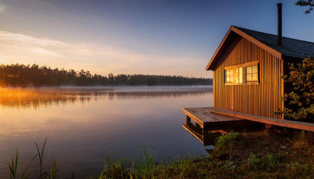 Sunrise illuminates a serene lakeside cabin surrounded by lush greenery in vibrant summer.の素材