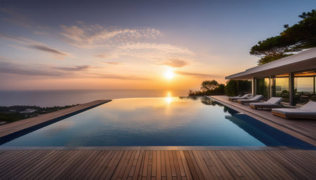 Vibrant summer sunset over serene infinity pool at a luxurious villa.の素材