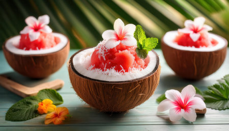 Refreshing summer delights with coconut bowls filled with vibrant fruit sorbet.の素材