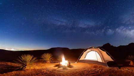 Starlit summer nights spent by the campfire under the vast desert sky.の素材