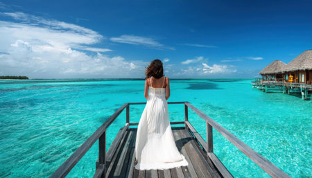 Stunning summer escape with a view of clear turquoise waters and tranquil overwater bungalows.の素材