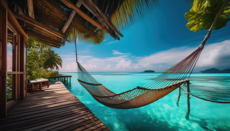 Experience serene summer days by the tropical water in a cozy hammock.の素材
