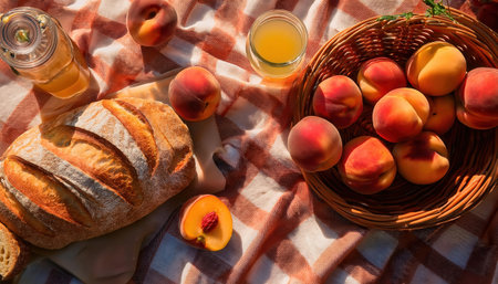 Savoring summers bounty with fresh peaches and warm bread in a sunlit picnic setting.の素材