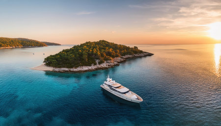 Vibrant summer sunset over a serene island with a luxurious yacht in clear waters.の素材