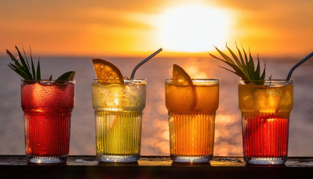 Vibrant summer sunset with colorful cocktails overlooking the ocean.の素材