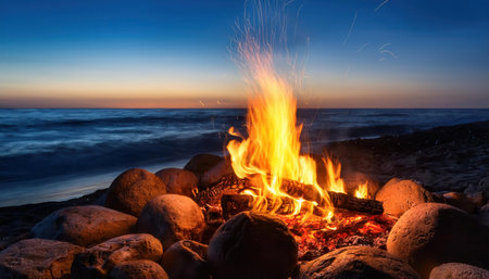 Dancing flames illuminate the beach at twilight with waves gently lapping at the shore.の素材