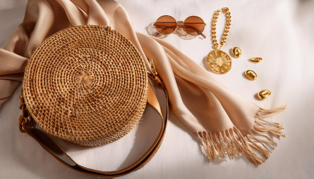 Vibrant summer accessories spread out on a soft fabric ready for a sunny day.の素材
