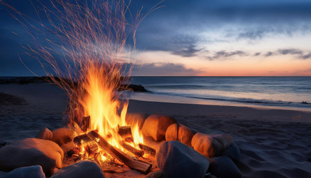 Vibrant sunset by the beach with a lively bonfire warming the summer night.の素材