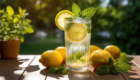 Refreshing lemon mint drink brightening up a sunny summer day outdoors.の素材
