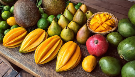 Vibrant summer market display of fresh tropical fruits in a sunlit setting.の素材