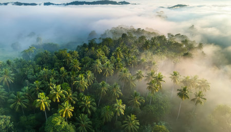 Exploring vibrant tropical forests under a morning mist in summer season.の素材