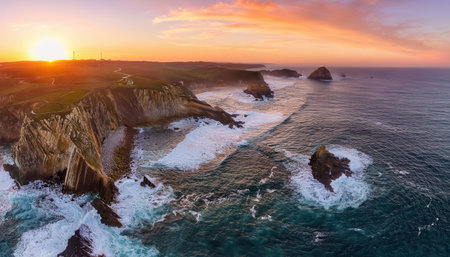 Vibrant summer sunset illuminating dramatic coastal cliffs by the ocean.の素材