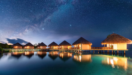 Experience tropical nights under a vivid starry sky by the serene water bungalows.の素材