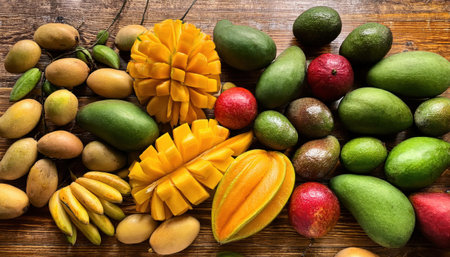 Vibrant summer fruit display showcasing tropical delights and colorful freshness.の素材