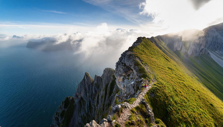 Breathtaking summer hike along a coastal ridge under vibrant blue skies.の素材