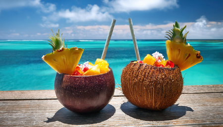 Vibrant summer drinks surrounded by crystal blue ocean water on a sunny day.の素材
