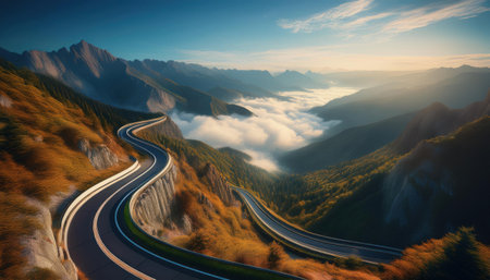 Winding road through vibrant mountains at sunrise with mist settling in the valleys.の素材