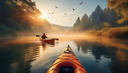Colorful kayaks glide through misty waters at sunrise during a tranquil summer morning.の素材
