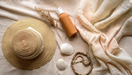 Vibrant summer accessories arranged beautifully for a perfect beach day experience.の素材