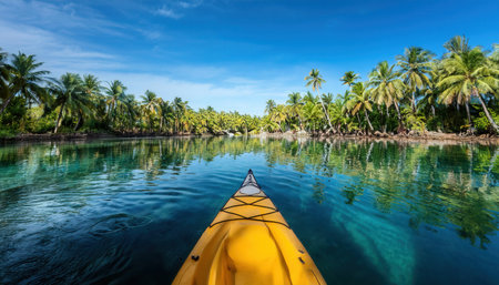 Paddling through vibrant waters surrounded by lush palm trees on a sunny summer day.の素材