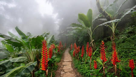 Explore a vibrant pathway lined with fiery red flowers on a misty summer morning.の素材