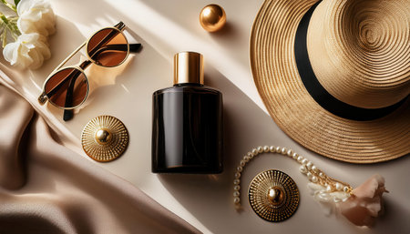 Vibrant summer accessories unite elegance and style in a sunlit arrangement.の素材