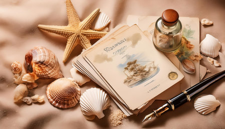 Explore the treasures of summer with vintage postcards and seashells in calming tones.の素材