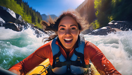 Thrilling summer adventure on the river with a joyful kayaker.の素材