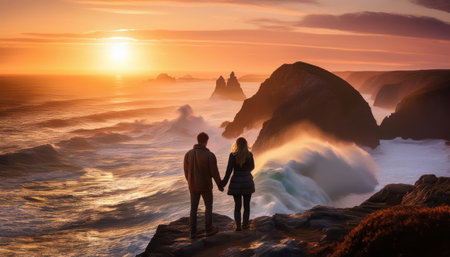 Couple enjoying a romantic sunset along the rugged coast during summer time.の素材