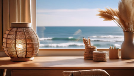 Sunlit coastal retreat featuring a serene ocean view and cozy decor elements.の素材