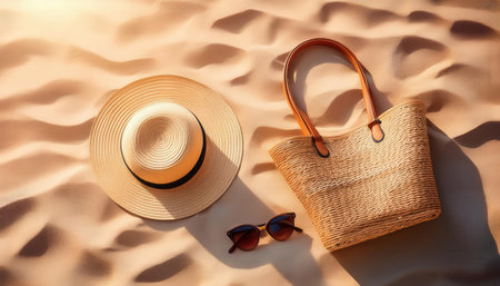 Bright summer essentials sprawled on sandy beach with gentle waves nearby.の素材