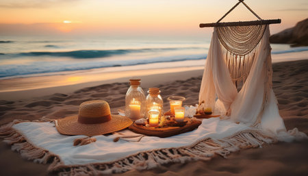 Serene beach setting with candles and a straw hat during a summer sunset.の素材