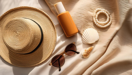 Summer relaxation essentials for a sunny day by the beach in warm golden tones.の素材