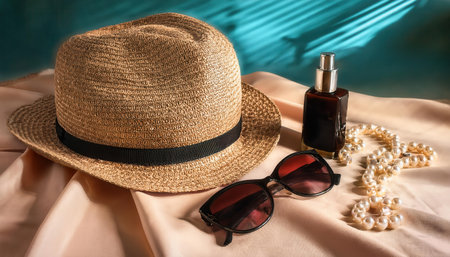 Enjoying a sunny summer day with stylish accessories and a vibrant atmosphere.の素材