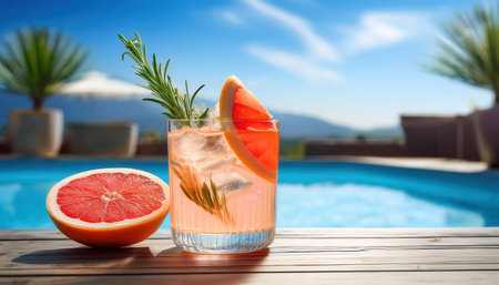 Refreshing summer beverage by the pool with a vibrant backdrop of mountains and palm trees.の素材