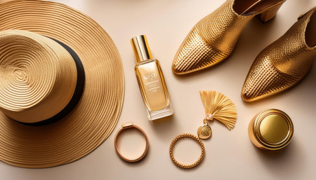 Vibrant summer accessories featuring golden shoes, a stylish hat, and elegant perfume.の素材