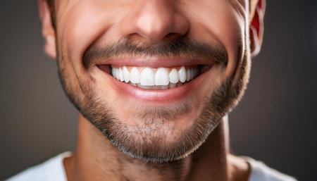 A man displays an exceptional smile, highlighting well maintained teeth and oral hygiene.の素材