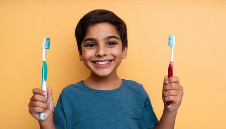 A cheerful young boy holds two toothbrushes, showcasing dental health and hygiene excitement.の素材